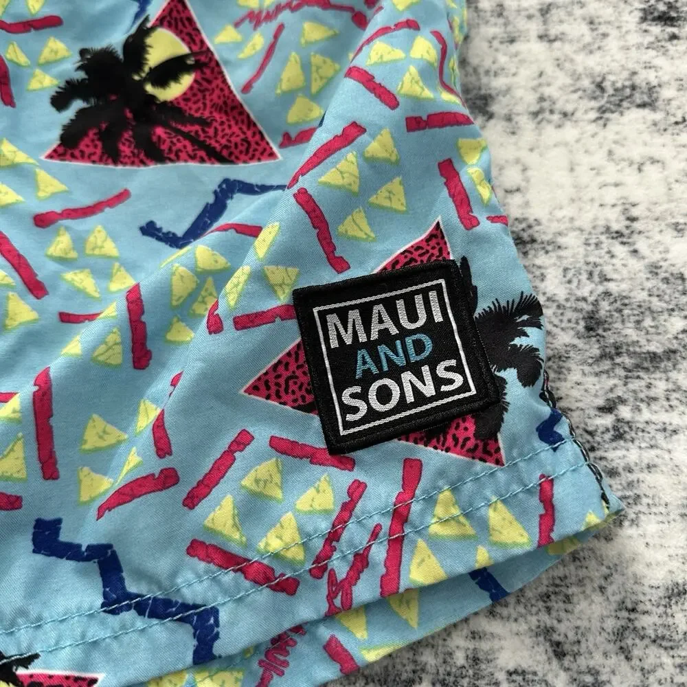 Maui and Sons‎ Mens Swim Trunks Shorts Palm Tree Print 80s Retro Size Large Blue